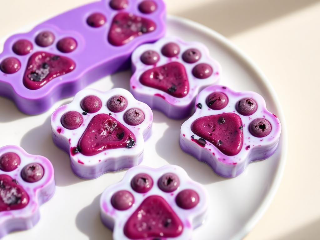 Paw-shaped frozen blueberry and yoghurt dog treats on a plate